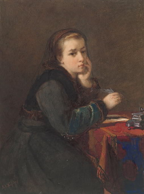 Kate Bisschop-Swift - Meisje, zittend schrijvend aan een tafel