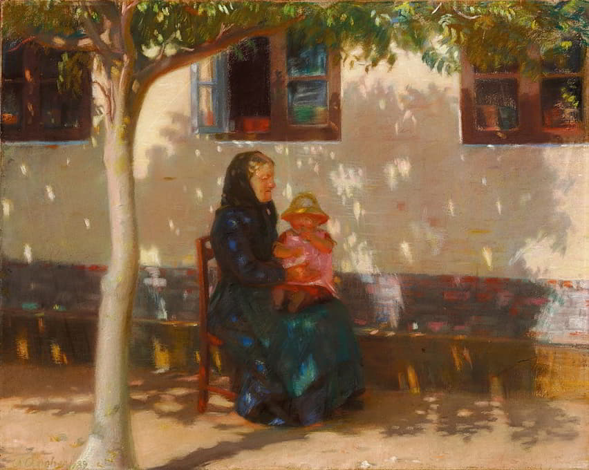 在白色粉笔房前的阳光下，下棋的妻子和小海尔加·安彻坐在她的膝盖上。