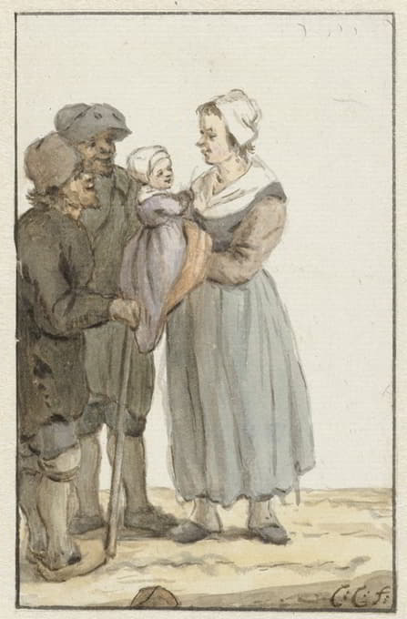 两名男子中的一名妇女带着孩子