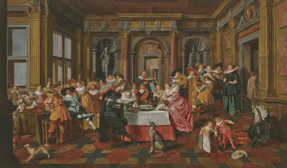 Dirck Hals - A merry company in a palatial interior, with musicians and tric-trac players