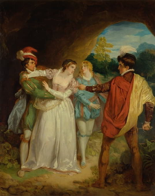 瓦伦丁从莎士比亚的《维罗纳的两位绅士》第五幕第四幕《亡命之徒的洞穴》中拯救了普罗特斯的西尔维亚