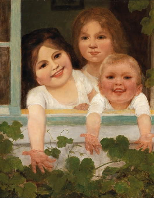 三个孩子在窗前