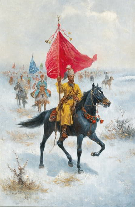 骑在马背上的哥萨克，在冬天的风景中有一个标准