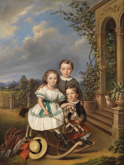 花园凉亭前三个孩子的肖像