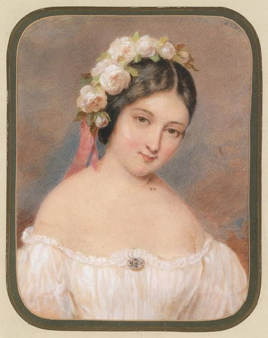 一位头发上插着白玫瑰的年轻女士的形象