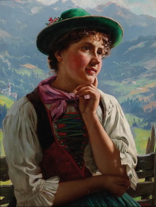 阿尔卑斯山风景中穿着传统服装的女孩