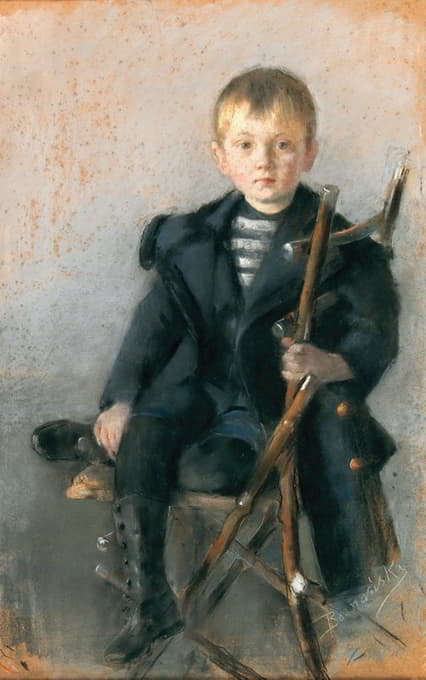 一个金发男孩的肖像和一件带金纽扣的黑色外套