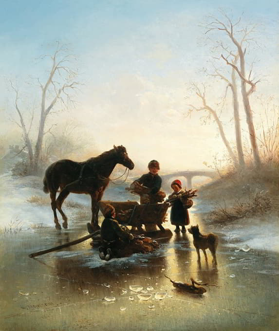 Wilhelm Alexander Meyerheim - Children on the Ice Collecting Wood