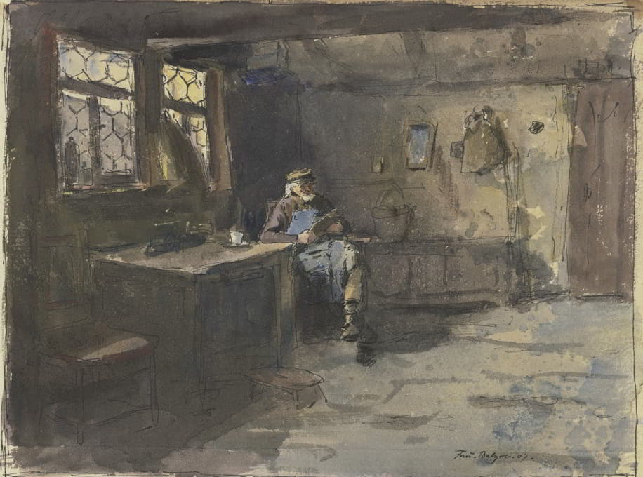 Ferdinand Balzer - Alter sitzender Mann in einfachem Wohnraum lesend