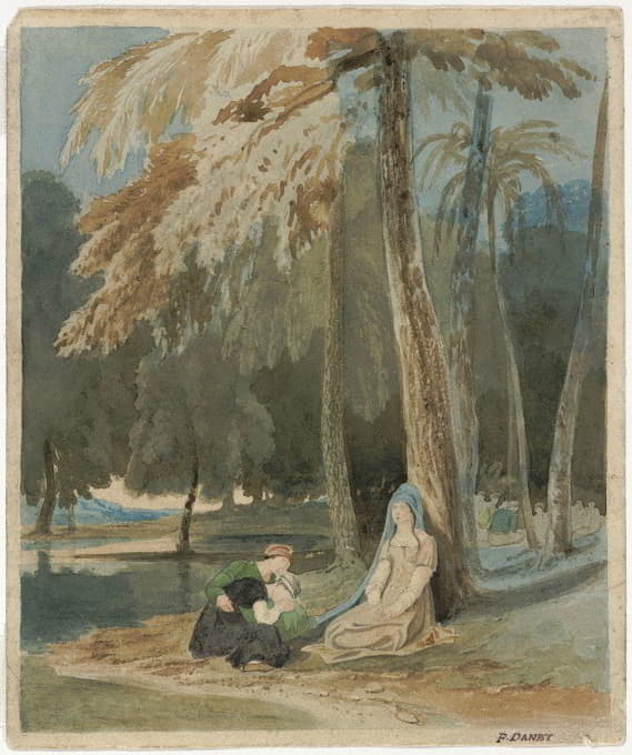 三个女人坐在树木繁茂的湖边