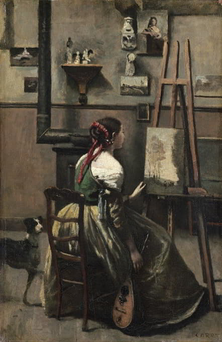 科罗的画室——坐在画架前的女人，手里拿着曼陀林