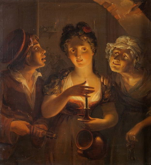 手持蜡烛的女孩站在小提琴手和老妇人之间