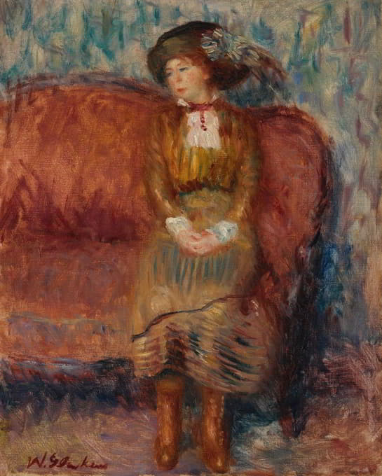 William James Glackens - Woman Seated on Red Sofa