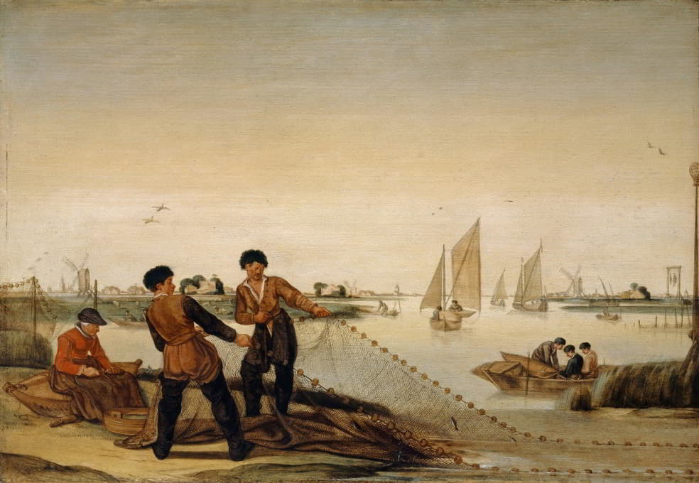 两个渔夫把网拉上岸