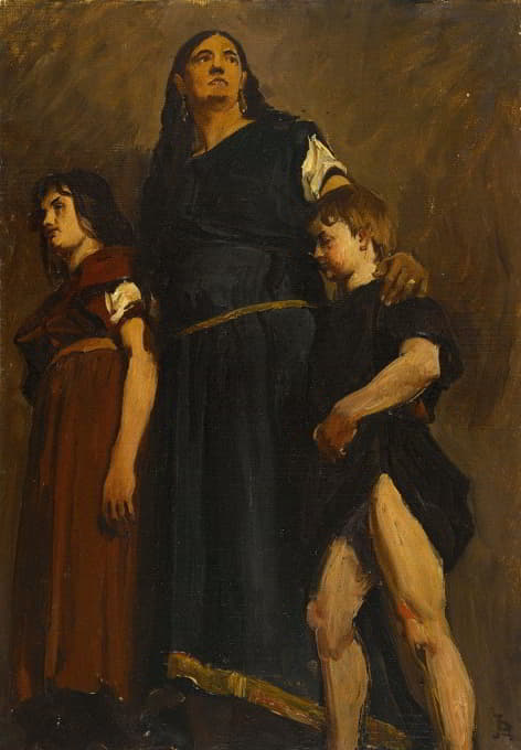 梅罗文根妇女和两个孩子