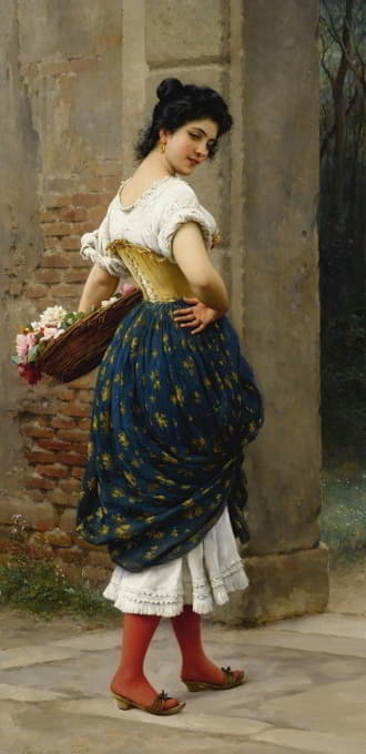 Eugen von Blaas - A Maiden With A Basket Of Roses
