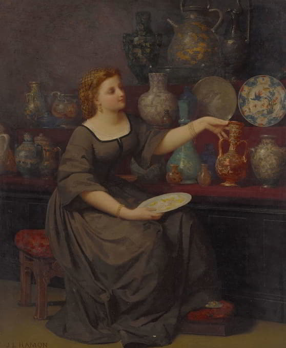 Jean-Louis Hamon - A Lady Seated Admiring A Vase