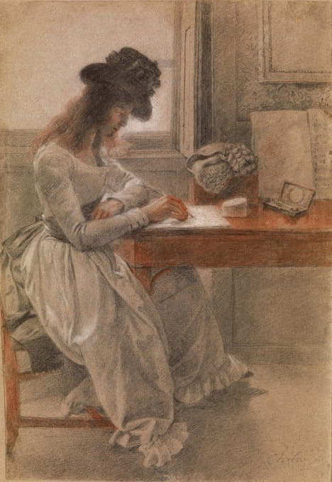 艺术家的女儿塞西莉亚坐在写字台旁