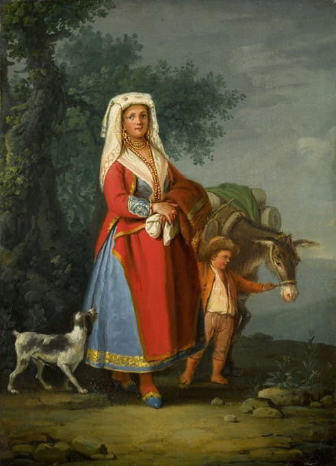 一个穿着那不勒斯传统服饰的年轻女孩，以及一个男孩和一头驴