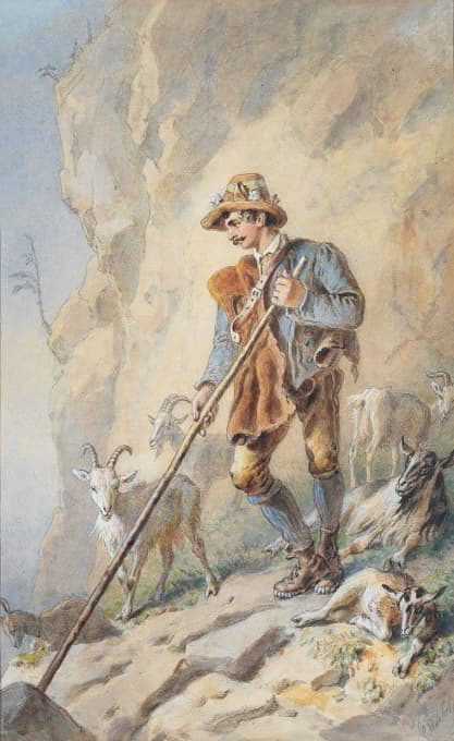 Carl Goebel the younger - Rosenblatt, huntsman in ordinary of Archduke John of Austria as goatherd in the mountains