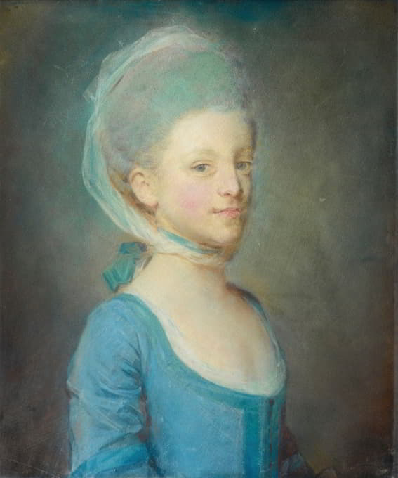 一位年轻女子的画像，她戴着一条条纹头巾凝视着