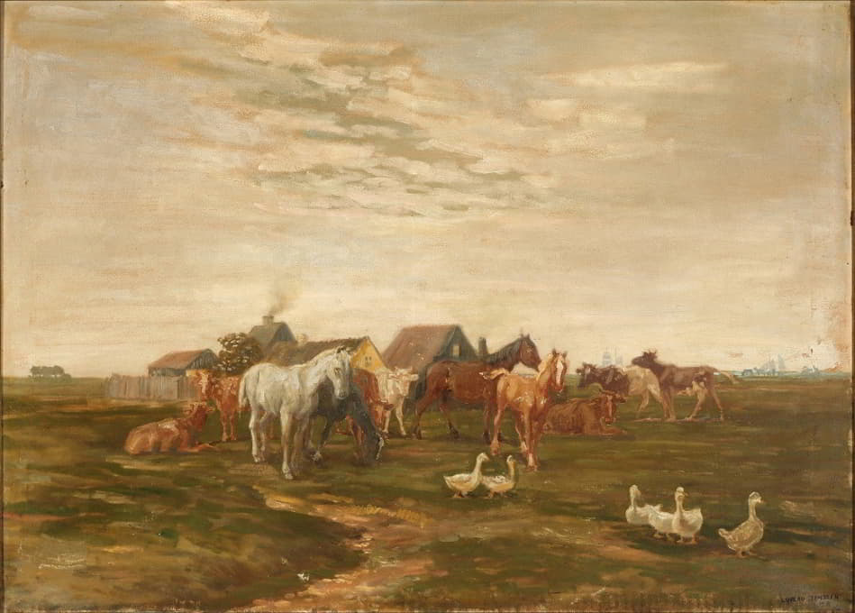农场草地上有马和牛的景观