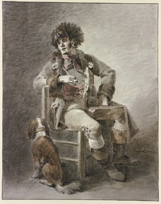 Abraham Teerlink - Auf einem Stuhl sitzt ein Mann die Pfeife in der Hand, dabei ein Hund