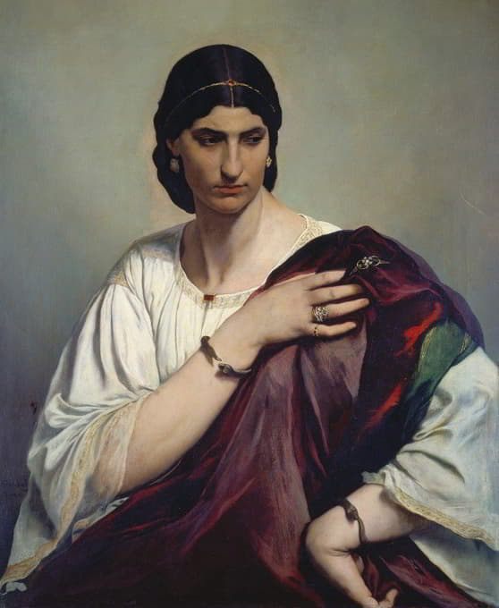Anselm Feuerbach - Lucrezia Borgia, Portrait of a Roman woman in white tunic and red robe