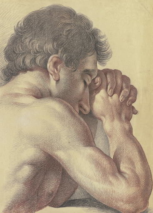 一个裸体祈祷的男人的胸部图像，从后面看一半