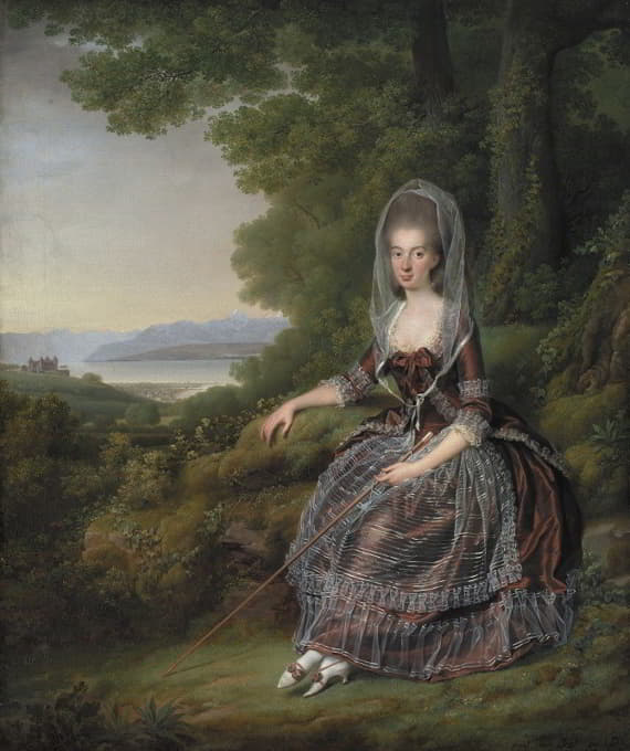 玛蒂尔达·吉格尔·德·普朗金斯男爵夫人在日内瓦湖的公园里