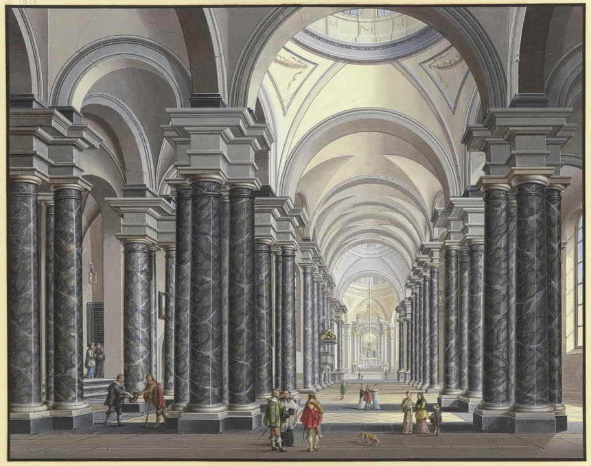 一座巴洛克式教堂的内部景观，有黑色大理石柱和17世纪服装的工作人员形象，1790年