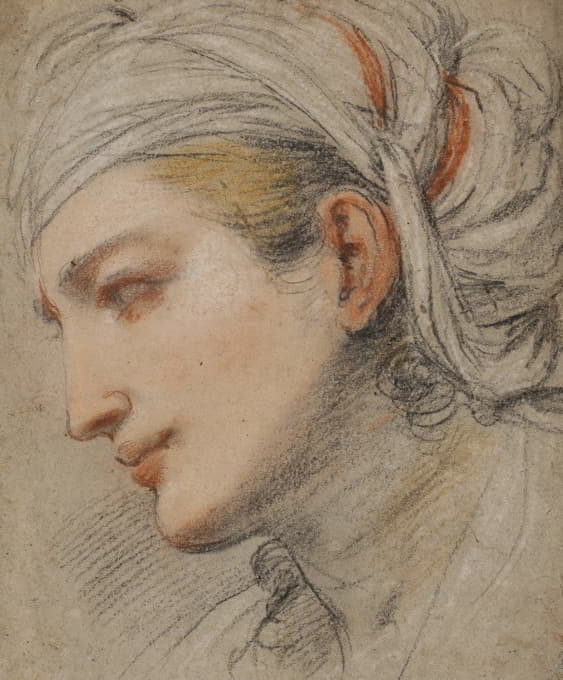 一个戴头巾的年轻女子的头部，侧面朝左