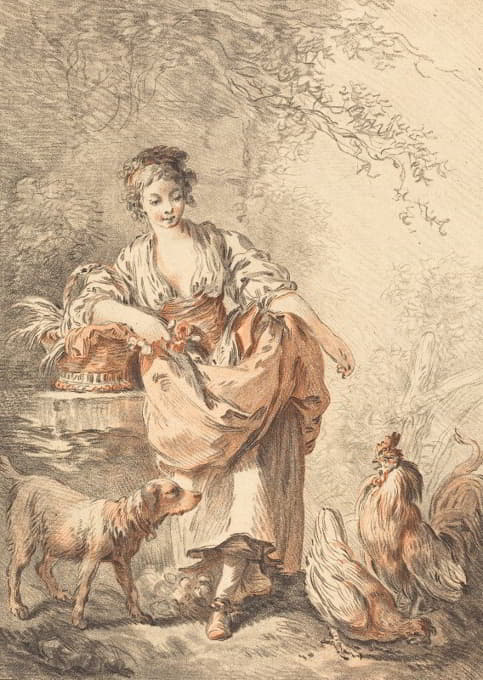 Gilles Demarteau the Elder - Woman Feeding Chickens