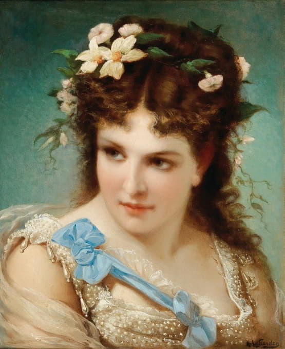 Joseph Hippolyte Aussandon - Portrait Of A Girl With Flowers In Her Hair