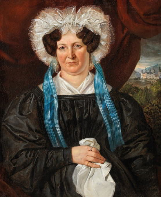 一位戴花边帽子的女士的肖像，背景为阿特斯泰顿城堡