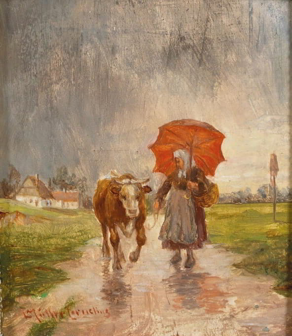 Ludwig Müller-Cornelius - Returning Home with Red Umbrella