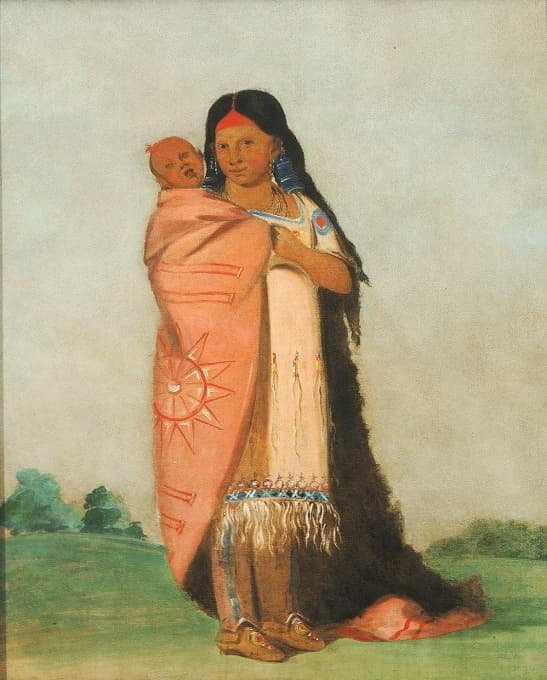 George Catlin - Tsee-Moúnt, Great Wonder, Carrying Her Baby In Her Robe