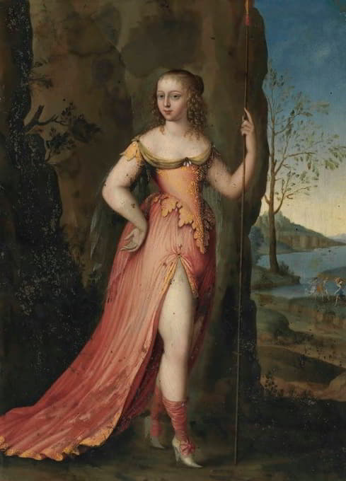 Joseph Werner II - Portrait of a lady, full-length, as Diana, in a rocky landscape