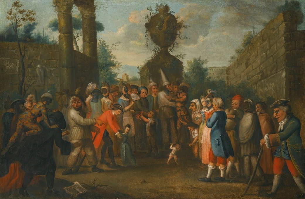 一个街景，康普艺术的表演者聚集在一只猴子周围，远处是一个瓮