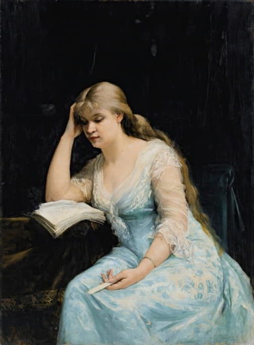 一位年轻女子正在读书的画像
