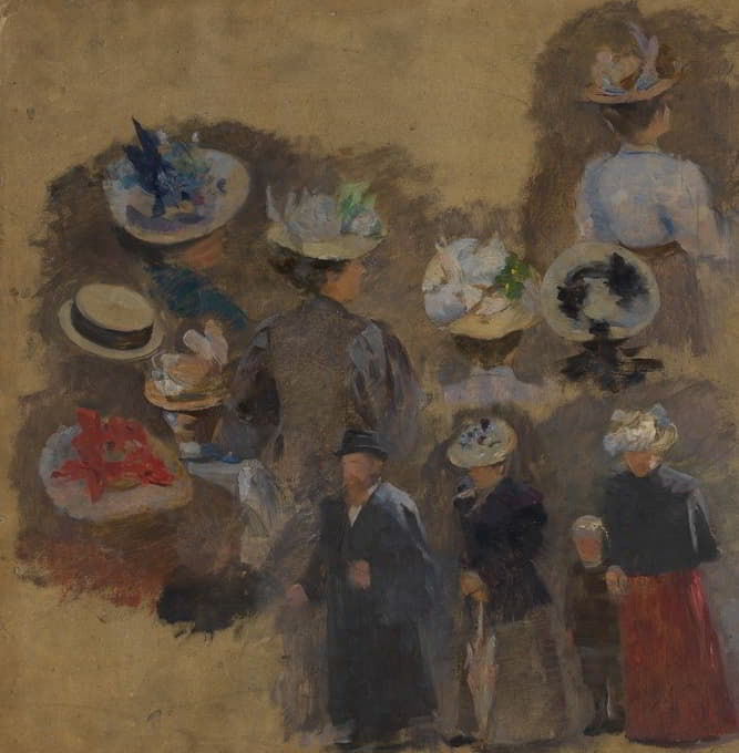 油画素描与各种人物和帽子研究