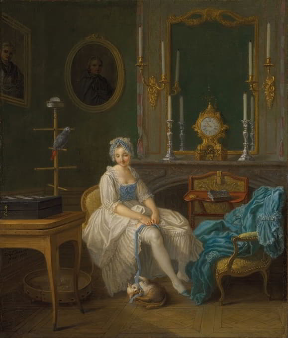 Etienne Jeaurat - The interior of a boudoir, with a lady in a white and blue dress