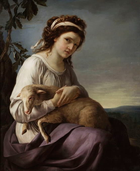 一位年轻女子手持羔羊的肖像