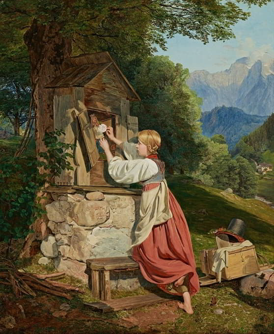 Ferdinand Georg Waldmüller - Ein Mädchen schmückt die Mutter Gottes mit einer Rose