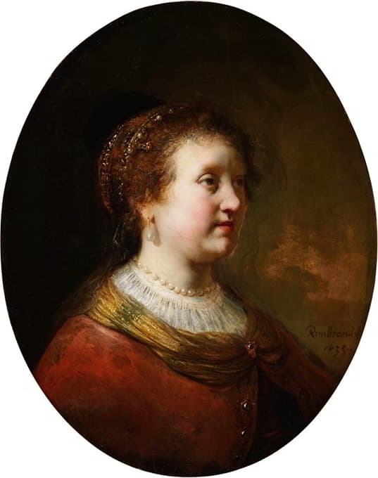 Govert Flinck - Woman in a Red Dress and Pearls