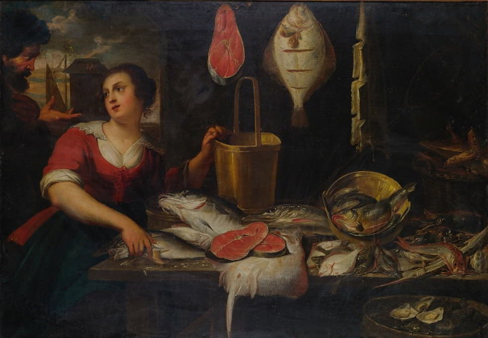 厨房里的两个人物画着一条鱼的静物画