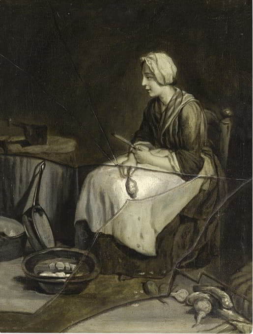 François-Xavier Vispré - A scullery maid peeling potatoes, with trompe l’œil broken glass