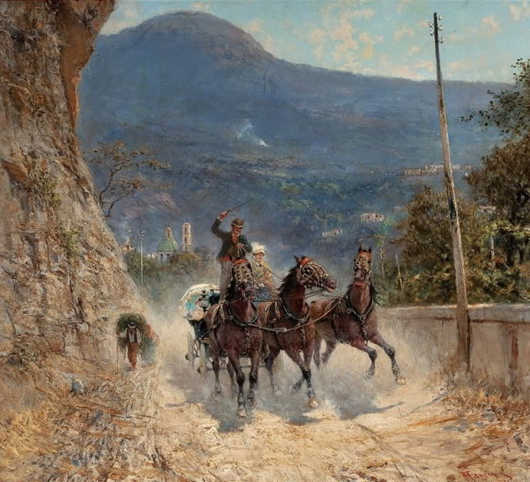马和旅行者登上意大利山路
