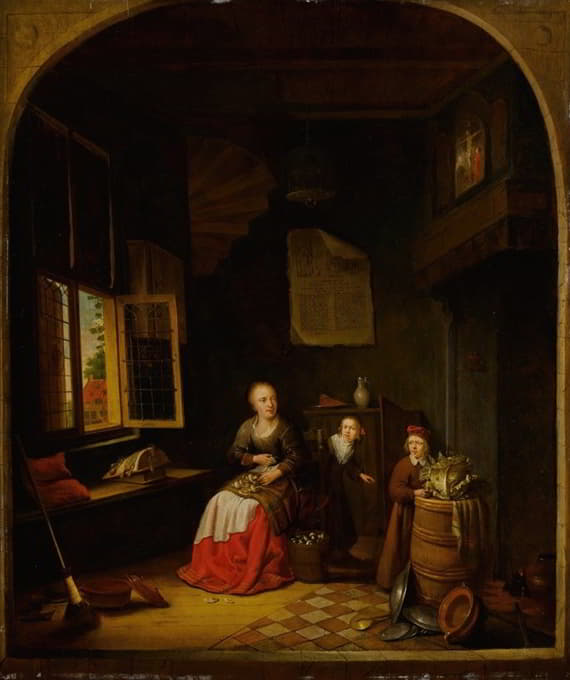 Jacob van Spreeuwen - Interior of a kitchen with a seated woman peeling onions, a child hiding behind her, and a child holding a cabbage on a barrel