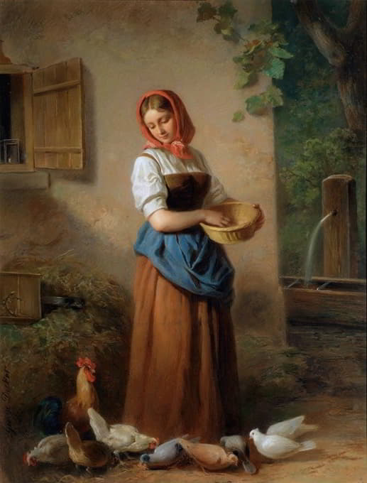一个女孩给鸡和鸽子喂食